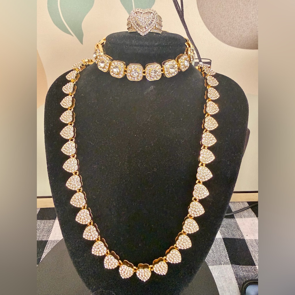 18k Gold Plated Heart Cz Jewelry Set - Necklace (20"), Bracelet (8"), Ring (7")